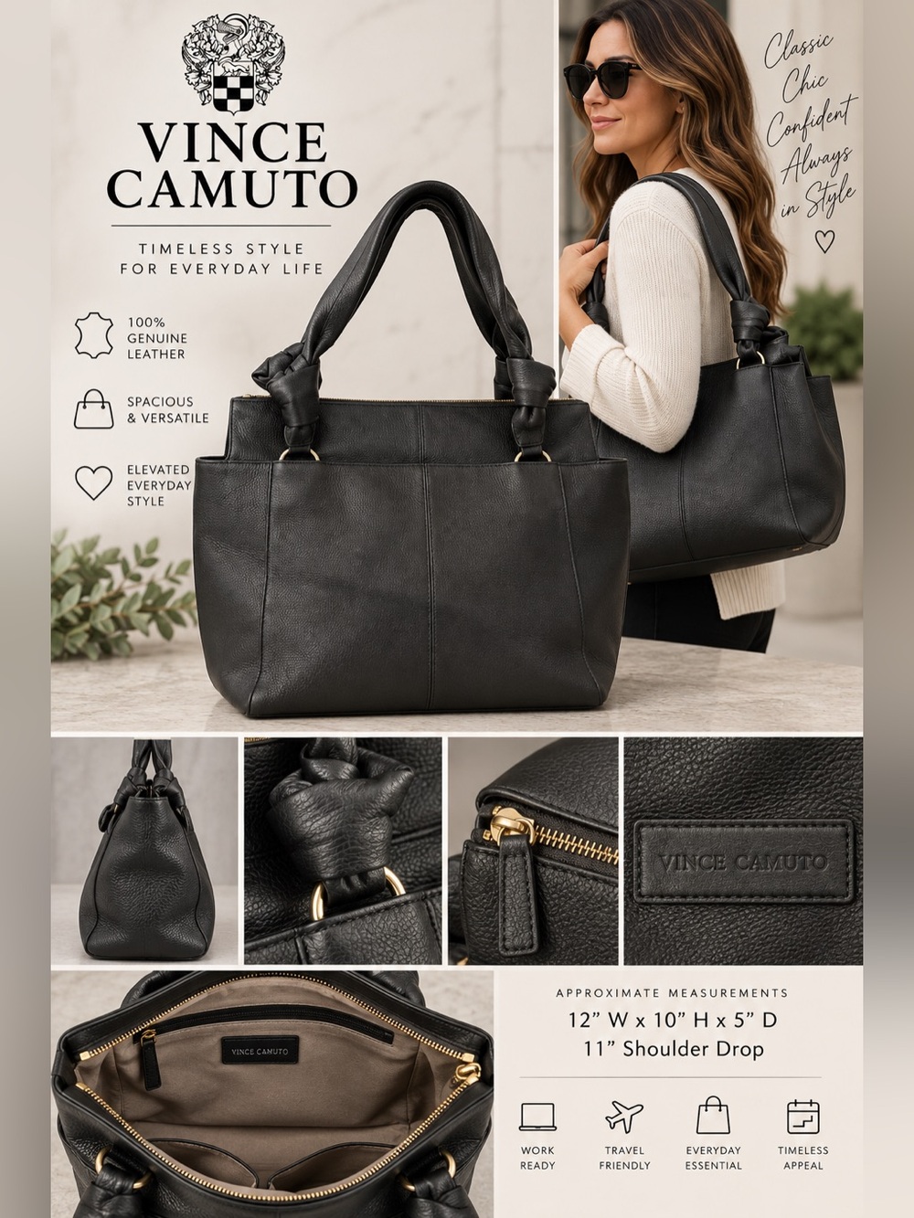 Vince Camuto Black Genuine Leather Knotted Handle Shoulder Tote Bag